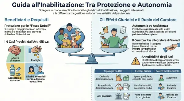 Guida all'inabilitazione: differenza tra interdizione, inabilitazione e amministratore di sostegno. Illustra beneficiari, requisiti e effetti giuridici.