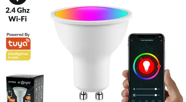 Inteligentna żarówka GU10 RGB zasilana przez Tuya, sterowana przez Wi-Fi. Kolorowe światło i aplikacja na smartfonie.