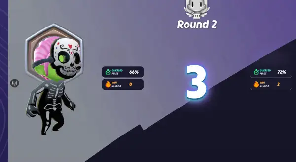 Postać w stroju szkieletora z maską czaszki w grze geoguessr. Runda 2, wynik 3.