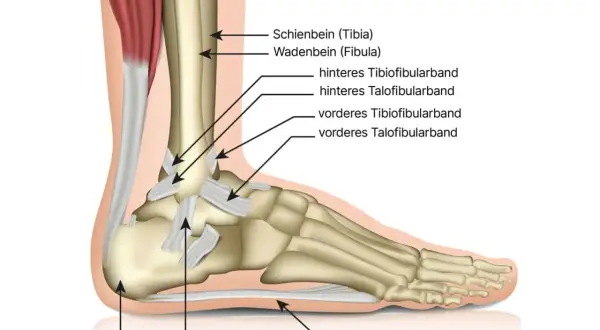 Detailansicht des **Aufbaus Sprunggelenk**: Schien- und Wadenbein, Bänder wie vorderes und hinteres Tibiofibularband, sowie Fersenbein und Plantarfaszie.