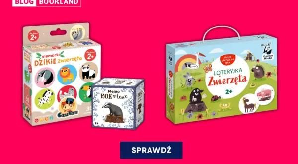 Trzy pudełka z grami planszowymi dla dzieci: "Memorki Dziki Zwierzęta", "Memo Rok w lesie" i "Loteryjka Zwierzęta".