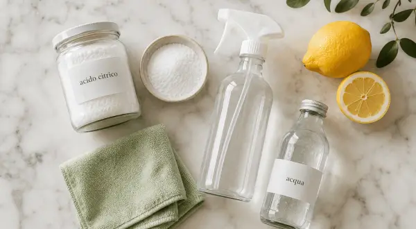 Ingredienti per come fare l'ammorbidente: acido citrico, acqua, limone e un panno.