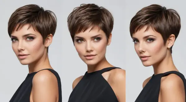 Drei Ansichten einer Frau mit einer modernen Pixie-Frisur und einem schwarzen Kleid.