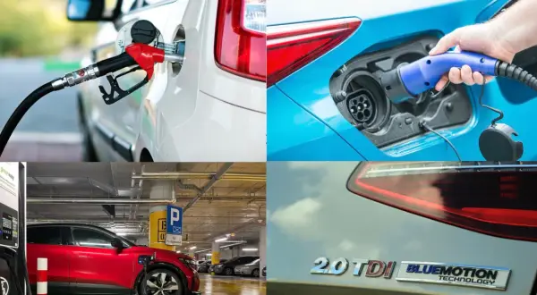 Tankowanie auta, ładowanie elektryka, stacja ładowania i znaczek 2.0 TDI.