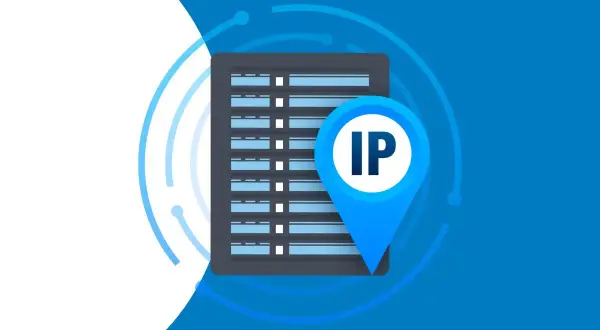 Ikona lokalizacji z literami "IP" na tle serwerów. Dowiedz się, jak sprawdzić IP komputera.