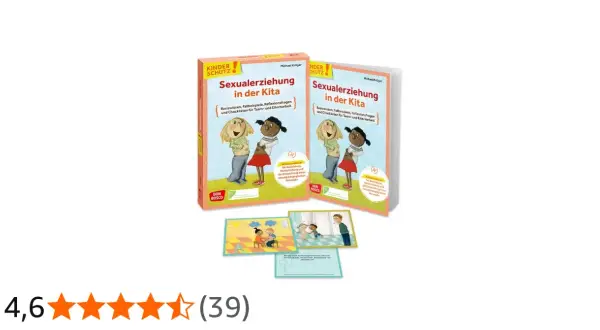 Materialien für Sexualerziehung in der Kita: Bücher und Karten mit kindgerechten Illustrationen, die pädagogische Konzepte vermitteln.