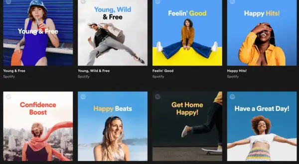 Spotify playlist curator showcases vibrant album art for playlists like "Young & Free," "Feelin' Good," and "Happy Hits!