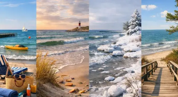 Polskie morze o każdej porze roku: letnie wakacje z leżakiem i kajakiem, jesień z latarnią, zima ze śniegiem i wiosna z drewnianymi schodkami.