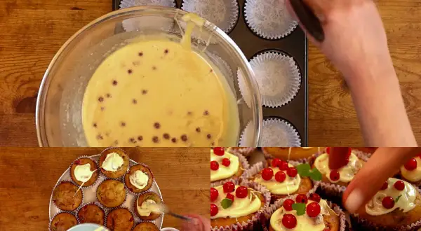 Przygotowanie muffinek z porzeczkami: ciasto w misce, wkładanie do foremek i dekorowanie gotowych wypieków.