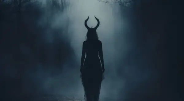 Silhouette einer Frau mit Hörnern im Nebel, bereit für das Halloween Fest des Teufels.