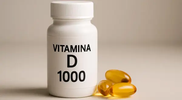 Flacone bianco con etichetta "VITAMINA D 1000" e tre capsule gialle trasparenti accanto.