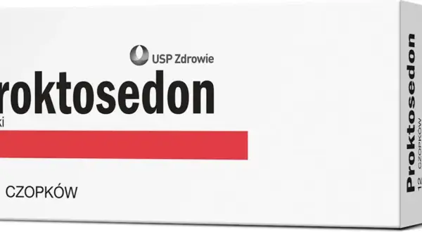 Opakowanie czopków Proktosedon z napisem "12 czopków" i czerwonym pasem.