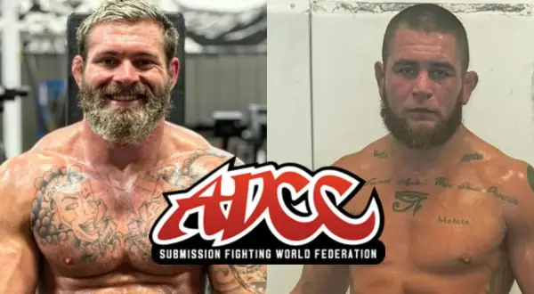 Två brottare, en med skägg och tatueringar, den andra med kort hår och skägg. En logotyp för ADCC Submission Fighting World Federation syns mellan dem. Gordon Ryan är en av dem.