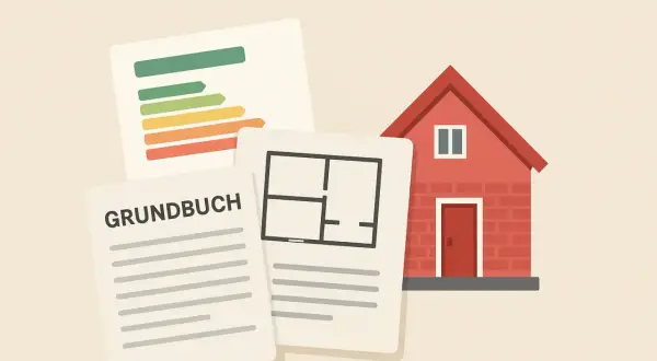 Grundbuch, Grundriss und Energieausweis für den unterlagen hausverkauf privat. Ein rotes Haus im Hintergrund.