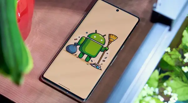 El robot de Android barre basura, simulando que es borrar caché.
