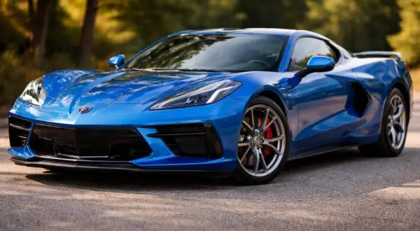 Błękitny Chevrolet Corvette Stingray z czerwonymi zaciskami hamulcowymi na tle drzew.