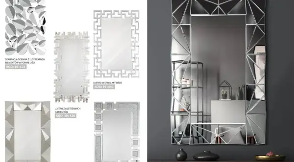 Nowoczesne lustro w przedpokoju z geometrycznymi, lustrzanymi elementami. Inspiracja, jak ozdobić lustro w przedpokoju, by dodać mu blasku.