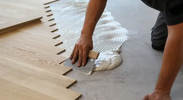 A worker applies adhesive to the subfloor for installing wood snap in flooring.