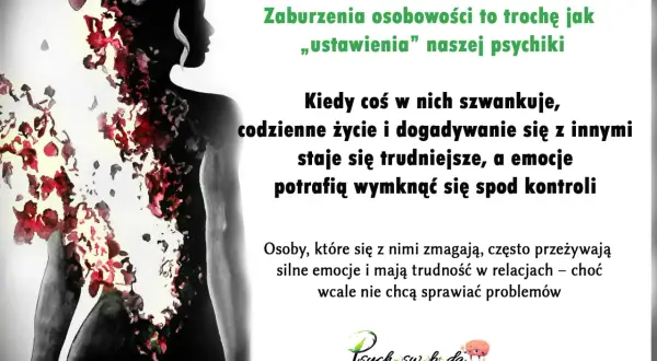 Sylwetka kobiety, z której wyłaniają się czerwone płatki, symbolizuje zaburzenia osobowości. Tekst wyjaśnia, jak wpływają one na codzienne życie i relacje.