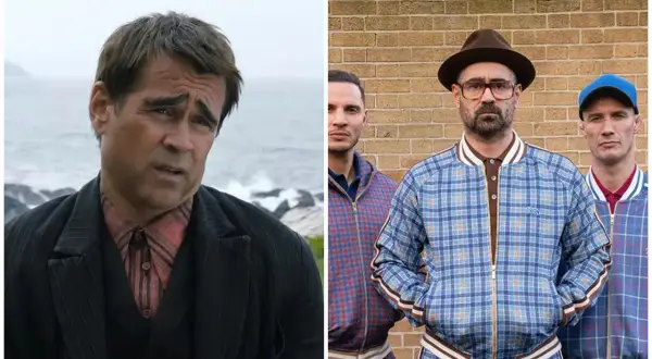 Colin Farrell w filmach: zamyślony nad morzem i w kratkowych kurtkach z kolegami.