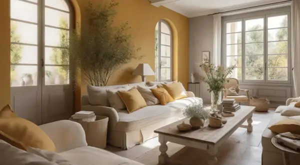 Jasny salon w stylu prowansalskim. Słoneczne ściany, białe meble, bujna zieleń i naturalne materiały tworzą przytulną atmosferę.