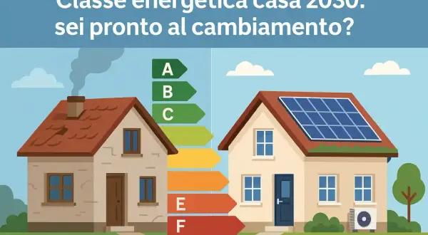 Due case a confronto: una con camino fumante e bassa efficienza energetica, l'altra con pannelli solari e aria condizionata, simbolo di efficienza energetica casa.