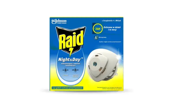 Elektrofumigator Raid Night&Day do gniazdka zapewnia 240 godzin ochrony przed komarami, działając dzień i noc.