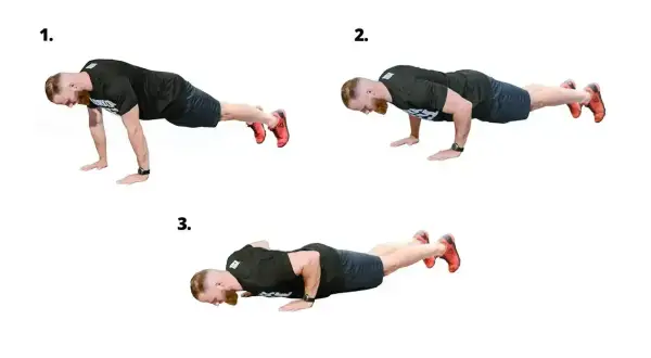 Trzy etapy pompki: start, opuszczanie i dół. W tym ćwiczeniu pracują klatka piersiowa, triceps i barki.