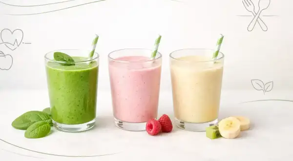 Trzy pyszne smoothie: zielone, różowe i żółte. Idealne na zdrowy początek dnia, pokazujące, jak zrobić smoothie.