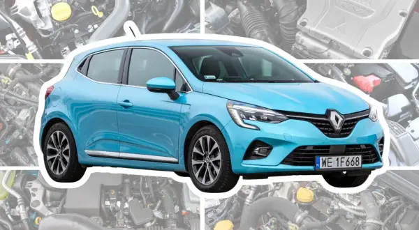 Niebieskie Renault Clio na tle silników. Poznaj szczegółowe clio dane techniczne i odkryj moc pod maską.