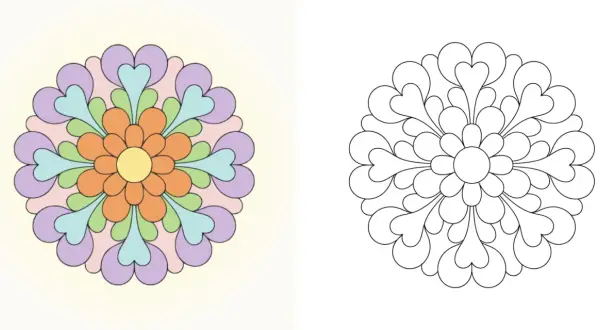 Mandala colorata e versione in bianco e nero, perfette per stampare semplici mandala da colorare e dare sfogo alla creatività.