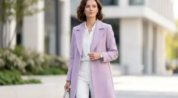 Elegancka kobieta w płaszczu w kolorze liliowym, białej koszuli i spodniach, idzie ulicą z torebką.