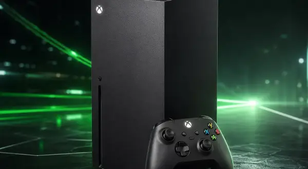 Czarny Xbox Series X, konsola nowej generacji, obok kontrolera na tle zielonych świateł.