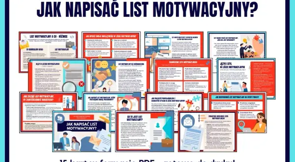 Zbiór 15 kart PDF o tym, jak powinien wyglądać list motywacyjny. Zawiera wskazówki, błędy, przykłady i strukturę idealnego dokumentu.