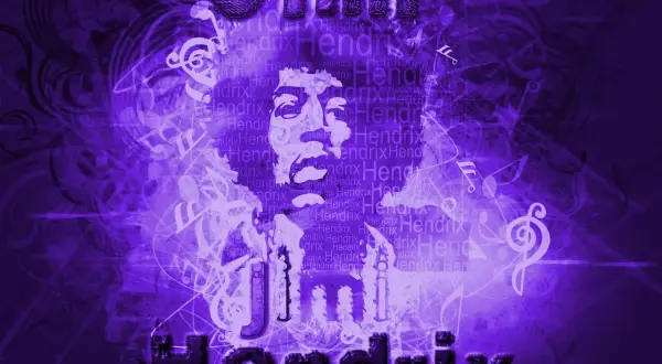Jimi Hendrix w fioletowej poświacie, otoczony nutami i powtarzającym się imieniem. To hołd dla legendy gitary, której chwyty wciąż inspirują.