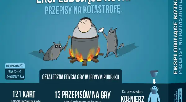 Eksplodujące kotki w kotle, jeden kotek dosypuje sól, drugi miesza. Gra karciana dla 2-5 graczy.