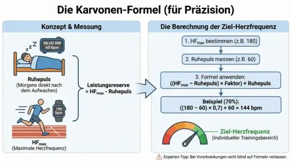Diagramm zeigt, wie man den **puls bei anstrengung** berechnet. Es erklärt Ruhepuls, maximale Herzfrequenz und die Karvonen-Formel zur Ermittlung der Ziel-Herzfrequenz.