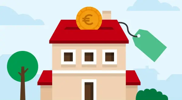 Casa con salvadanaio a forma di tetto, moneta euro e cartellino prezzo. Illustra i passaggi per acquisto casa con agenzia.