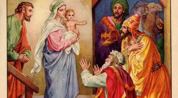 Trzej królowie oddają pokłon Dzieciątku Jezus. Król Kacper, w żółtej szacie, klęczy przed Maryją i Jezusem.