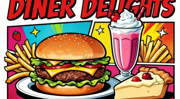 A vibrant pop art food scene featuring a juicy burger, fries, a pink milkshake, and a slice of pie, all under the bold "Diner Delights" title.