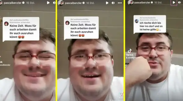 Mann mit Brille reagiert auf Kommentare, darunter "Hartz und Herzlich Kommentare", die ihn zum Lachen bringen.