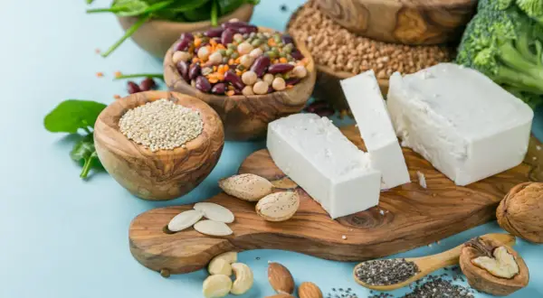 Vielfalt an vegetarischen Proteinquellen: Quinoa, Hülsenfrüchte, Tofu, Nüsse, Samen und Brokkoli.