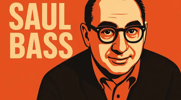 A stylized portrait of Saul Bass, with his name in large letters to the left. This graphic style evokes the iconic Saul Bass logos he created.