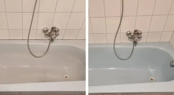Vorher-Nachher-Vergleich: Eine schmutzige Badewanne wird strahlend sauber. Das Ergebnis nach dem **Badewanne reinigen** ist beeindruckend.