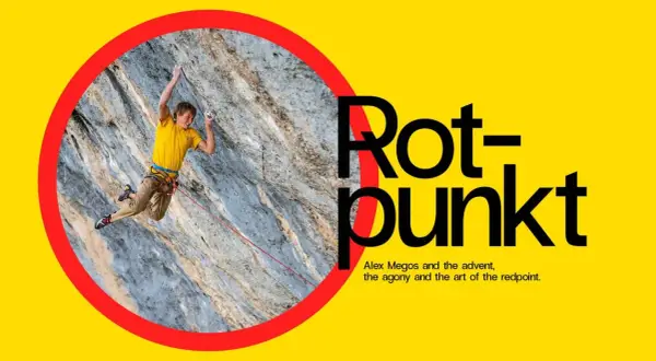 Kletterer Alex Megos im roten Punkt. Die Kunst des Rotpunktkletterns, die Anstrengung und der Triumph.