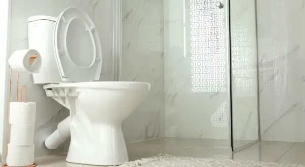 A modern bathroom with a white toilet, open lid, and a copper toilet paper holder. The toilet is not flushing, causing a minor inconvenience.