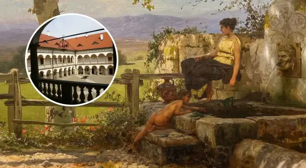 Obraz przedstawia scenę z antyczną fontanną i dwiema postaciami, a w tle widok na dziedziniec pałacowy. To charakterystyczny kierunek w malarstwie Siemiradzkiego.