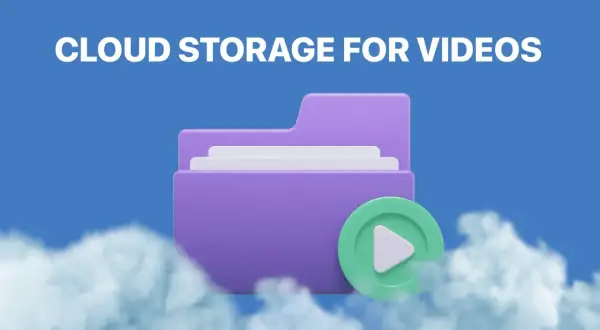 A purple folder icon with a play button, symbolizing cloud storage for videos, floats among soft clouds against a blue sky.