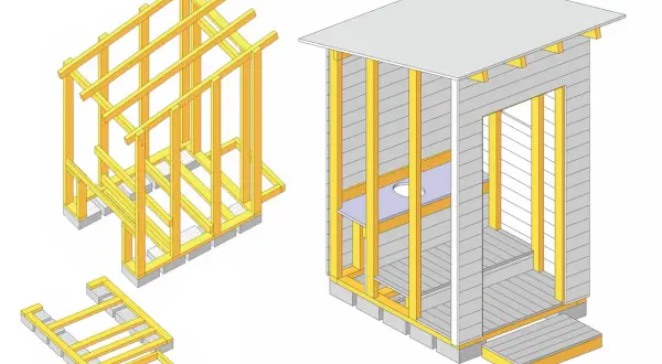 Illustration visar steg för steg hur man kan bygga utedass. En stomme byggs upp med träbjälkar och grunden läggs på betongplintar.
