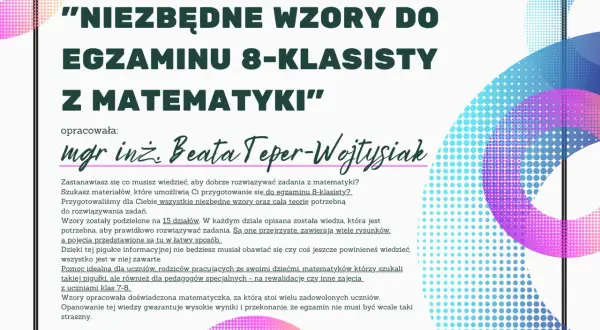 Grafika z tytułem "Niezbędne wzory do egzaminu 8-klasisty z matematyki" i nazwiskiem autorki.